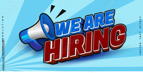 We Are Hiring Comic Style 3D Text Effect Banner with Megaphone and Sunburst Background