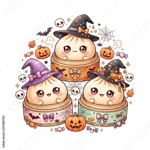 Dumplings decorated with witch hats are arranged in festive bamboo steamers for a spooky holiday theme.