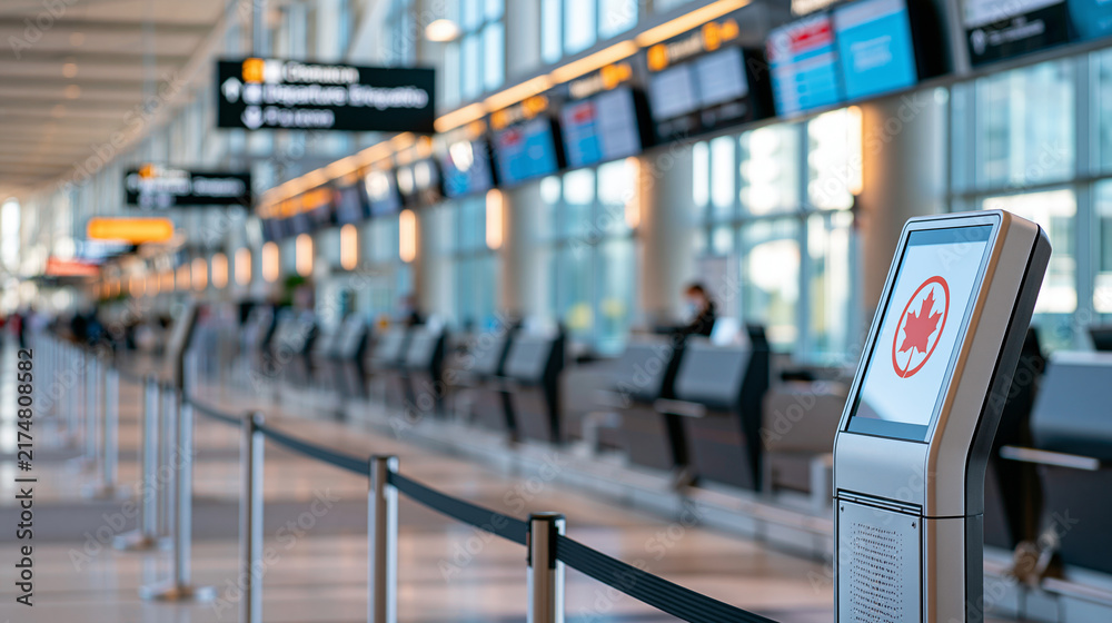 Obraz premium Air Canada airline check-in area at Toronto Pearson International Airport with bilingual departure and arrival signs, defocused Canadian travel hub, with copy space