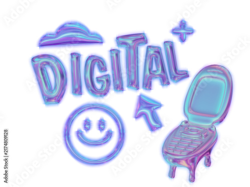 3d digital text with retro flip phone arrow and cloud in liquid chrome y2k style