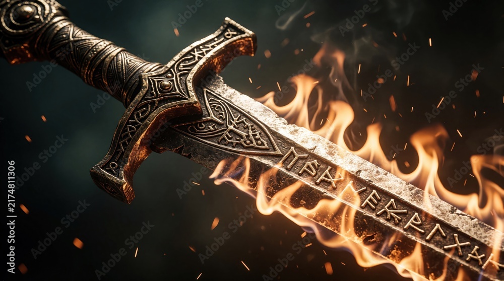 Obraz premium Ornate ancient sword blazes with fire. Glowing runes inscribed on metal blade, sparks fly in dark background. Weapon signifies power, conflict, mythical fantasy art.