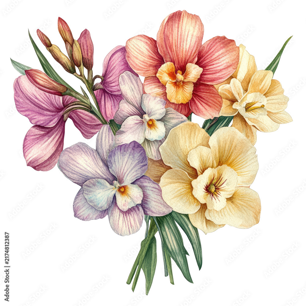 Obraz premium The image features a bouquet of blooming flowers with soft pastel colors, including shades of pink, lavender, peach, and cream