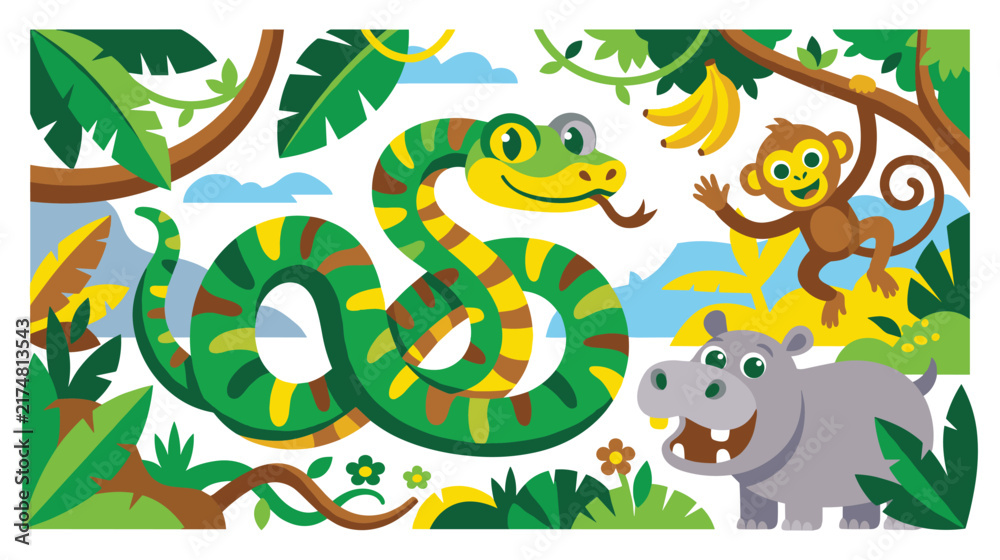 Fototapeta premium Cartoon jungle animals with green snake and hippo in forest landscape.