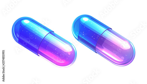 Two isometric capsules with a transparent appearance, showcasing internal luminescence. The capsules are stylized, with blue and pink hues against a dark backdrop