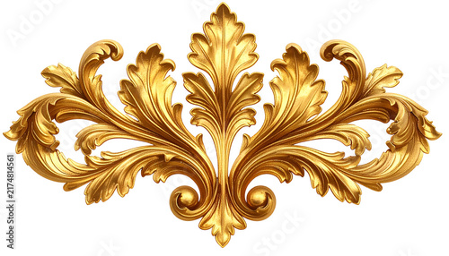A luxurious gold floral ornamental design element with intricately carved leaves and swirling patterns. It is elegant and decorative