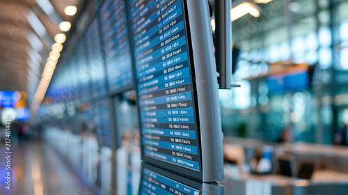 Flight schedule and check in counter in airport, defocused travel administration zone, departure processing information display, with copy space