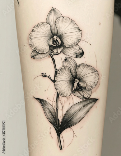 Delicate orchid tattoo with minimalist botanical linework