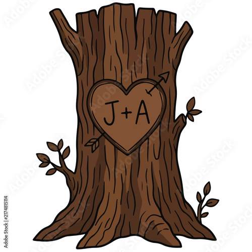 Tree Trunk with Carved Heart Arrow Monogram Illustration