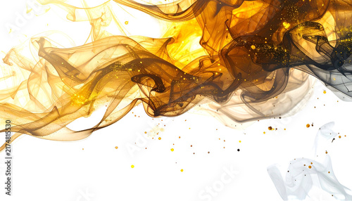 An abstract composition, featuring flowing, swirling shapes in shades of amber, gold, and smoky gray against a dark background