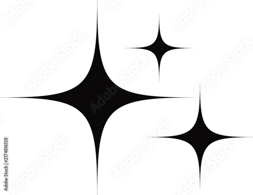 Three black star sparkle icons of different sizes isolated on a simple clean white background