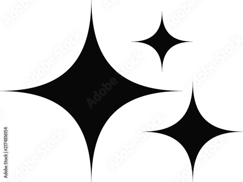 Three black sparkling star shapes isolated on a plain white background for design decoration