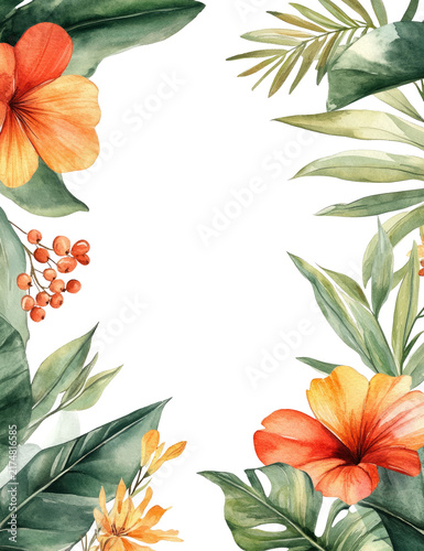 The image features a border of watercolor style tropical foliage and flowers framing a blank white center