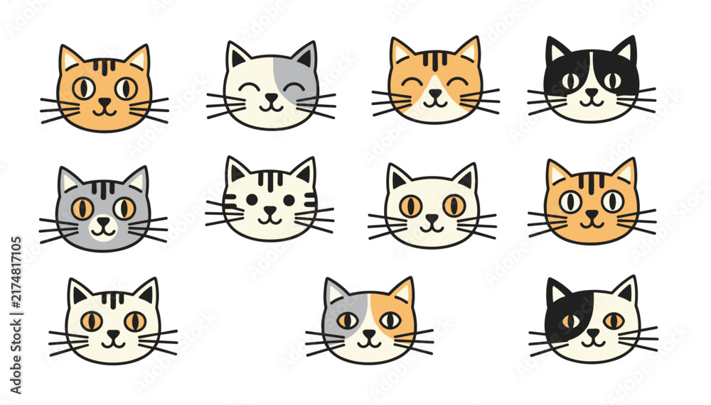 Obraz premium Cute set of eleven different cartoon cat heads in orange, grey, black, and white colors on a white background.