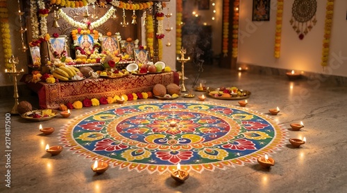 Traditional navratri festival celebration with rangoli and diyas