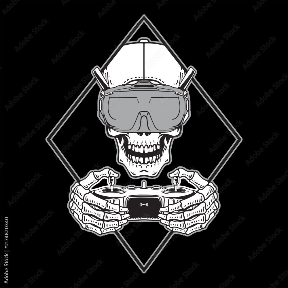 Naklejka premium Skull Gamer Playing Drone Controller Vector Illustration
