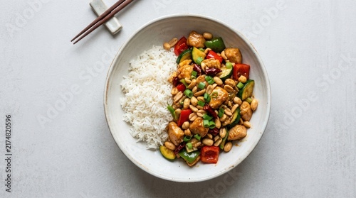 A bowl of stir-fried vegetables with chicken and rice on a white tablecloth.