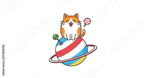 Bild auf Leinwand Cute Cartoon Cat Sitting on Planet with Lollipops, Isolated
