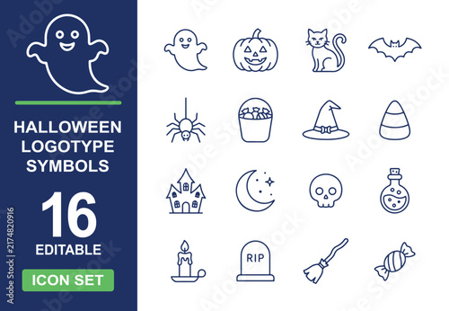 Halloween outline icons vector collection with spooky holiday line art symbol
