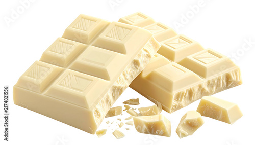 Close-up of two white chocolate bars, one cracked, with small pieces scattered nearby, against a black background, showing detail