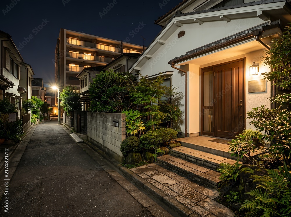 Fototapeta premium 夜の日本の住宅街を優しく照らす温かい玄関の光と小道