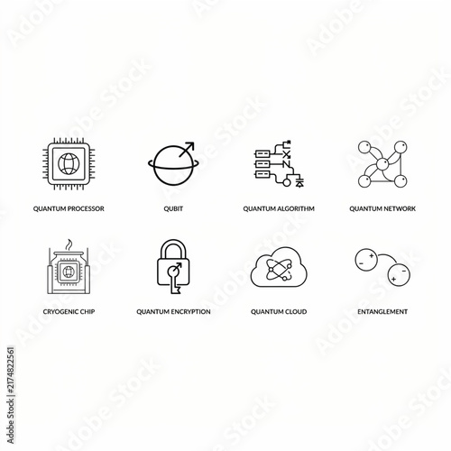 Set of outline icons representing retail technology, smart shopping, and automated inventory systems