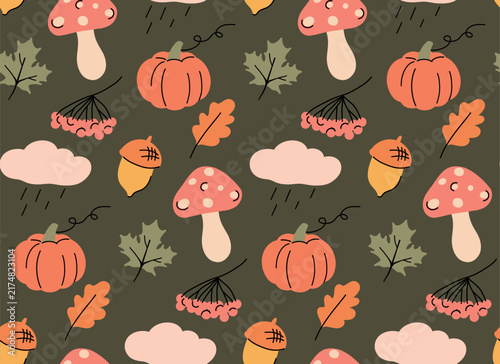 Vector fall seamless pattern in doodle drawing style. Autumn texture with mushroom, pumpkin, berries on dark background