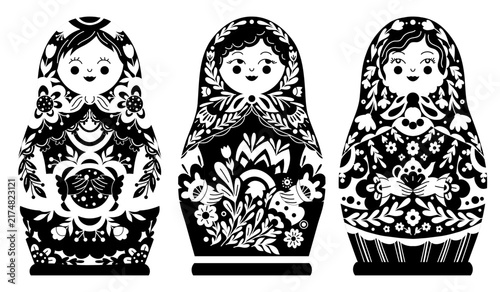 Vector set of black silhouette of matryoshka dolls in folk art style. Monochrome collection of decorative women with ornament.