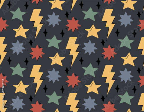 Vector seamless pattern with hand drawn comic stars and lightning in a childish style. Texture with multicolored stars on dark background