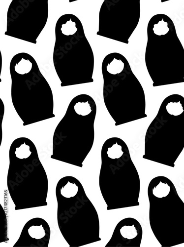 Vector seamless pattern with black silhouette of nesting dolls. Monochrome texture with matryoshka souvenirs