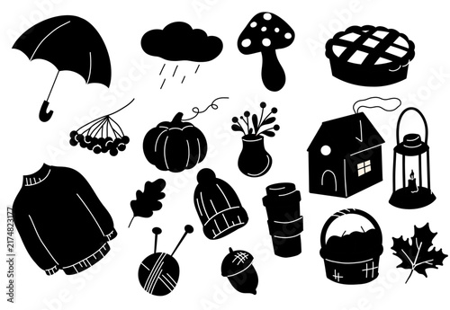 Vector black silhouette autumn set. Shadow collection of fall clip arts