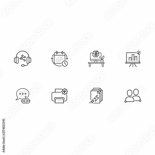 Collection of minimalist icons representing data analysis, cloud computing, user management, networking, document review, notifications, trend charting, and system settings