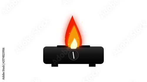 Animated graphic of a portable gas stove with a bright flame burning, isolated on white.