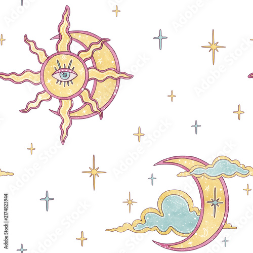 Seamless celestial pattern isolated on white. Hand drawn boho sun with evil eye, crescent moon, cute clouds and stars. Magical watercolor design for wrapping, textile, stationery and witchy prints