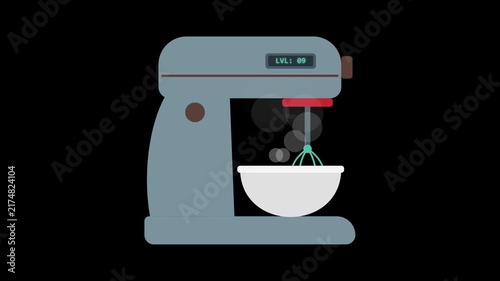 Kitchen mixer in operation, making batter or dough in a bowl, with digital speed indicator