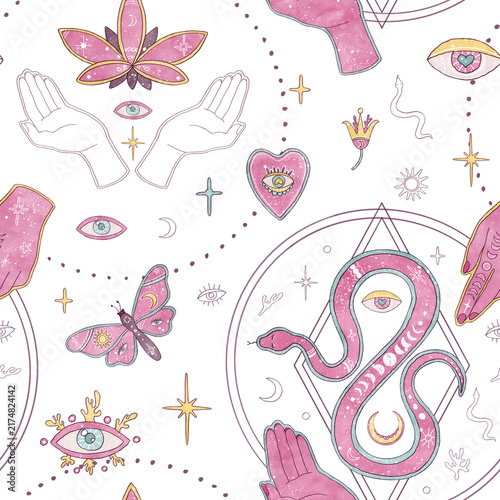 Seamless esoteric pattern isolated on white background. Hand drawn boho snake, mystical hands, sacred hearts, moth, evil eyes, sacred geometry. Watercolor magic design for textile, wrapping, prints