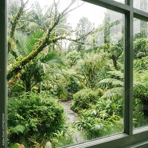 Lush Green Tropical Garden Seen Through A Window Pane