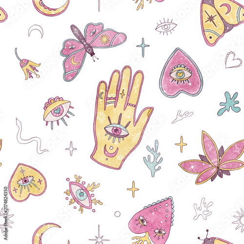 Seamless esoteric pattern isolated on white background. Hand drawn boho hand, pink sacred hearts, moth, eyes, celestial elements. Watercolor magic design for teenage journals and textile prints
