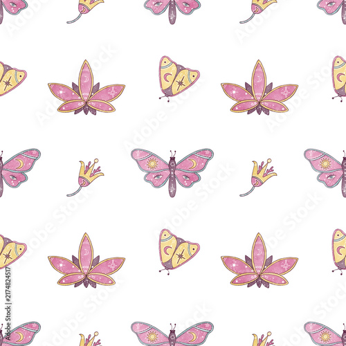 Seamless esoteric pattern with hand drawn pink boho moths, lotus flowers and celestial elements isolated on white. Watercolor magic sacred butterfly design for textile, wrapping and witchy prints