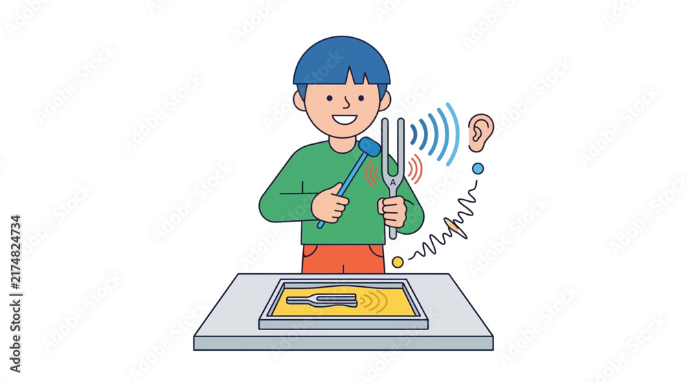 Fototapeta premium Boy demonstrates sound waves with tuning forks and ear illustration