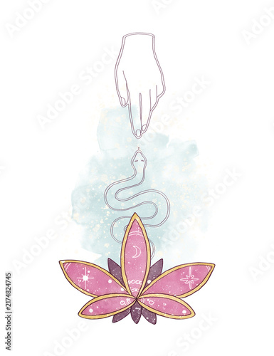 Esoteric composition isolated on white. Hand drawn mystical line art hand, snake with pink watercolor lotus flower on pastel mint splash. Boho magic design for aesthetic prints, posters and journals
