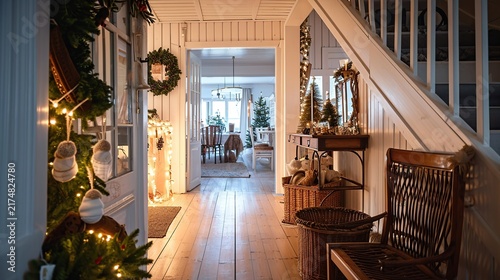 Cozy Christmas Decorated Hallway and Staircase Bathed in Warm Seasonal Lighting