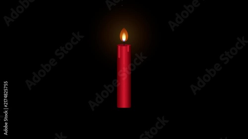 Single red candle with a bright flame flickering in the darkness, creating a warm, peaceful atmosphere. Gentle dust particles float around the flame.