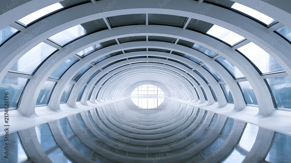 Obraz premium Symmetrical futuristic underground pedestrian tunnel with white ribs and reflective polished floors