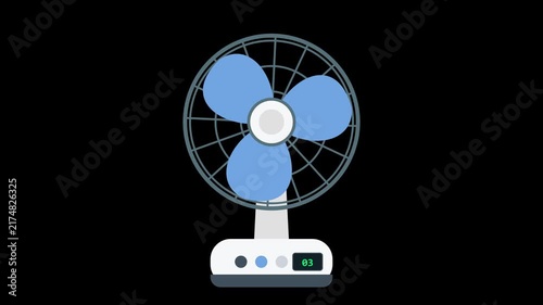 Animated electric fan with blue blades rotates on a black background, displaying speed setting.