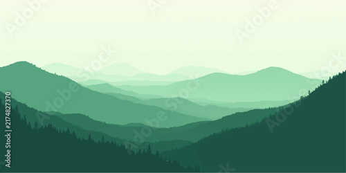 Foto Serene mountain range bathed ethereal twilight glow, verdant slopes receding into misty horizon