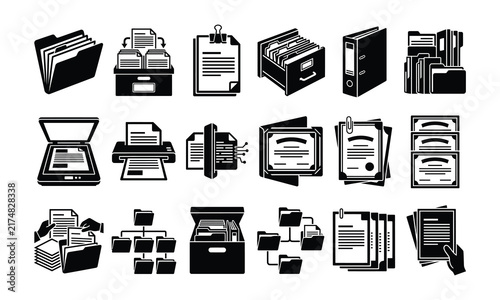 Document management and office file silhouette icon set