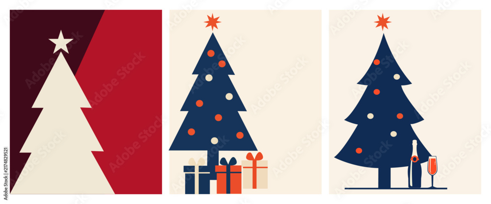 Fototapeta premium Christmas tree poster set vector featuring minimalist pine tree illustration, gift box and champagne glass for holiday card, flyer and background uses