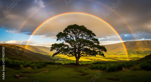 rainbow over valley with lone tree on hill