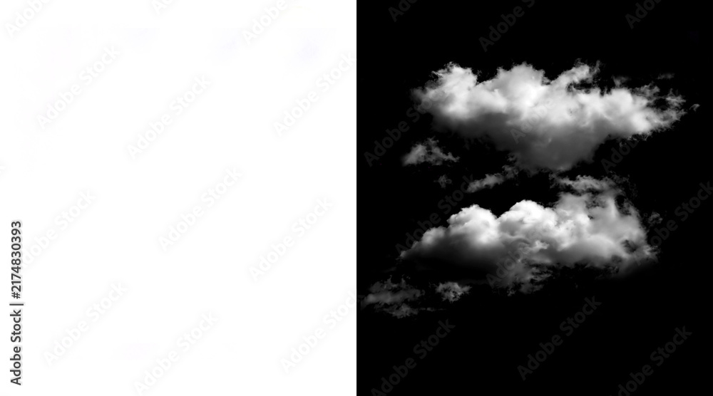 Fototapeta premium Realistic white clouds isolated on black background, fluffy cumulus cloud cutouts for compositing, atmospheric weather elements for design