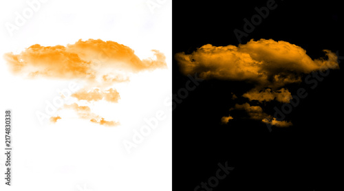 Golden orange clouds isolated on white and black backgrounds. Vibrant sunset cloudscape elements. Fluffy atmospheric vapor for sky replacement.